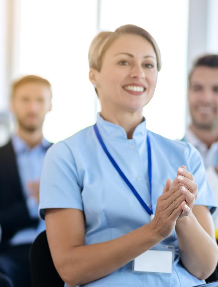 Healthcare professionals in a confident, positive team environment